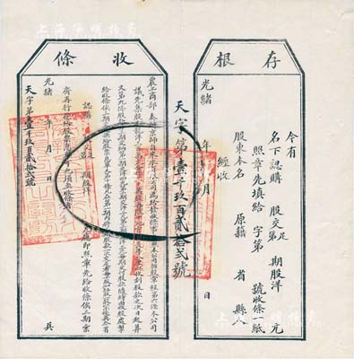 光绪年（1907年）农工商部奏办·京师自来水有限公司股票收条，未填用附带有存根，八五成新