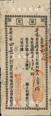 宣统元年（1909年）筹办甯邑蔡氏庙前墟洁净益群会（筹办蔡氏洁净街渠益群公所）股票，壹份股共银壹大圆，广东台山县宗亲会老股票，少见，有修补，六成新