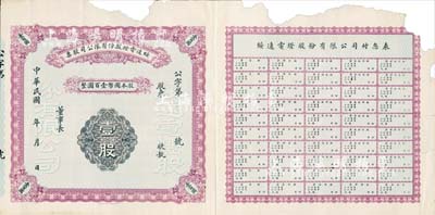 民国年（1921-）绥远电灯股份有限公司股票，壹股计国币壹百圆，未填用，背印章程摘要，且附完整付息表；内蒙古老股票之罕见品，昔年由山西著名票号大盛魁所创办，历史意义厚重；边有缺损，但未伤及图案，七五成新