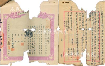 民国二十年（1931年）安徽·光明电汽股份有限公司股票，柒股计股本银柒伯圆，另附原封套及股份转让文书2张；该公司实用股票存世少见，残破品，敬请预览