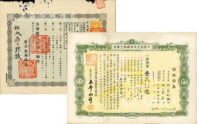日本保险业保单2种，详分：明治廿五年（1892年）东京金库商会·金库保险证，代价金百拾五圆；昭和二十一年（1946年）千代田生命保险相互会社保险证券，保险金壹万圆；其中1枚有破损，六至八成新