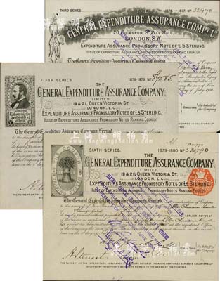 清代时期英国伦敦General Expenditure Assurance Co.（通用保险公司）股票3种，详分：1876年第三版股票1股计5镑、1878年第五版股票1股计5镑、1879年第六版股票1股计5镑，图案各不相同；此为英国早期著名之保险公司，在香港和中国等地设有分支机构或代理处，英国藏家出品，少见，八五成新