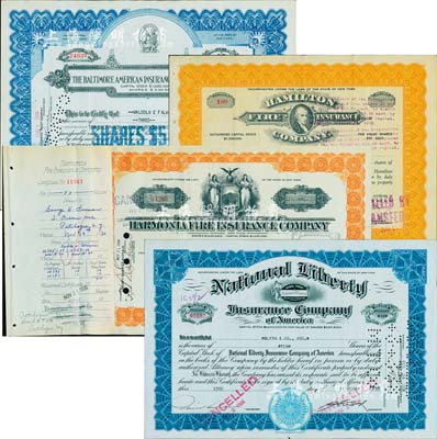 外商保险公司老股票4种，详分：1929年美国巴尔的摩保险公司3股计15美元；1927年汉密尔顿火灾保险公司20股计1000美元；1930年汉莫尼雅火灾保险公司20股计200美元；1938年美国国民自由保险公司10股计20美元；此4家保险公司均在香港和大陆设有分支机构或代理处，美国藏家出品，八成新