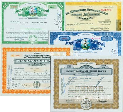 外商保险公司老股票5种，详分：美国通用保险公司1966年蓝色100股、1968年绿色定额100股，该公司从清末进入中国，是全美最顶尖的人寿保险机构，今属AIG旗下(在华称“美亚保险”)；1954年凤凰保险公司1股；1961年大学国民人寿保险公司100股；1980年哈特福德保险公司100股，据《上海金融志》283页记载，该公司于1913年设立上海分公司；美国藏家出品，八成新
