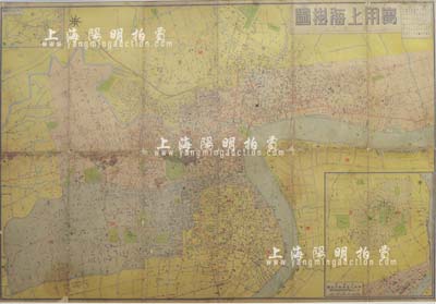 民国时期《实用上海挂图》大型地图1张，2开彩色印刷，约发行于30年代，其上印有法租界、公共租界、闸北等各区之详情，保存尚佳，且配有精致镜框，敬请预览