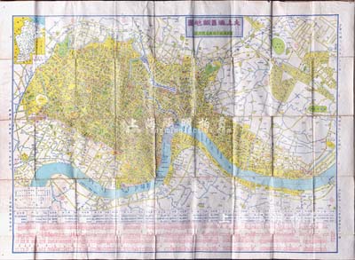 民国三十八年（1949年）葛石卿著《大上海里衖新地图》2开彩色地图1张，由上海国光舆地社发行，此图对旧时上海街道、里弄之绘制极为详尽，且附黄浦区今昔路名对照表及各区区公所、警察局地理位置表；附带有封套，保存尚佳，背面已裱，敬请预览
