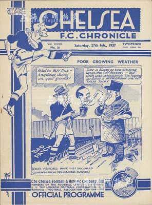 1937年世界著名足球俱乐部切尔西（车路士）对曼联之球赛官方场刊1份，内中详列1937/1938年球季的联赛成绩、球会近况、转会消息，以及1937年2月27日切尔西（车路士）对曼联联赛的出场阵容等，内容丰富，尤其对球迷而言，更属不容错过之珍贵史料；源于海外藏家出品，保存极佳，敬请预览