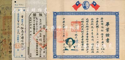 1954年香港仿林中学毕业证书1张，颁给广东省南海籍学生傅德钟氏，由校长陈仿林签署，上印孙中山和双旗；八成新（另附光绪24年屏南县正堂版串执照、光绪34年广东征收地丁执照、1927年上海和丰银行正收条各1张）