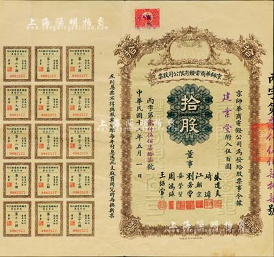 民国十三年（1924年）京师华商电灯有限公司股票，拾股计伍百圆，票上董事有江朝宗(曾任北京步兵统领)、刘若曾(清末司法大臣)、周鸿球(原北京大清银行经理)等，附带有息票；海外藏家出品，少见，八成新