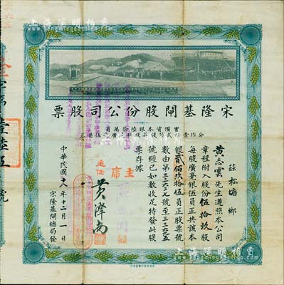 民国十八年（1929年）宋隆基闸股份公司股票，伍拾玖股共银贰佰玖拾伍员，（注：宋隆基闸位于肇庆市高要金渡镇，由孙中山女婿戴恩赛任广东治河督办时所领导修建），上印该闸开幕典礼照片图，少见且形制美观，七五成新