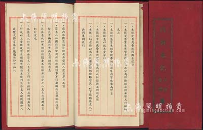 1957年（香港）《同兴泰记股份、合同簿》1册，该公司资本总额港币10万元，分作40股，每股港币2500元，专营鲍参翅肚海味杂货生意，内列公议章程及各股东（共7位股东）之出资状况等，保存尚佳，敬请预览