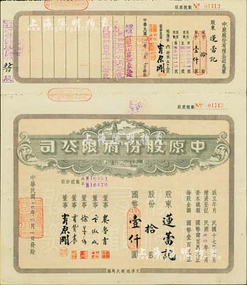 民国卅四年（1945年）中原股份有限公司股票，拾股计国币壹仟圆，上印天津旭街大马路地名，该公司为华北地区最大的百货公司；少见，八五成新