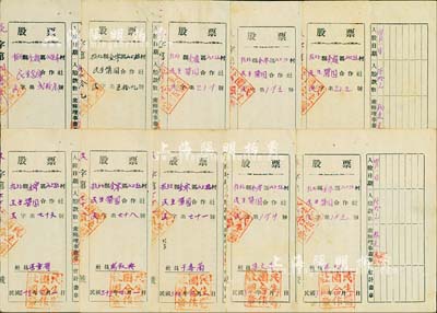 1945-1946年招北县金岭区山上赵村民生酱园合作社股票共10枚，股金分别为拾元、肆拾元、陆拾元、贰佰元、肆佰元面额不等，山东解放区老股票，八成新