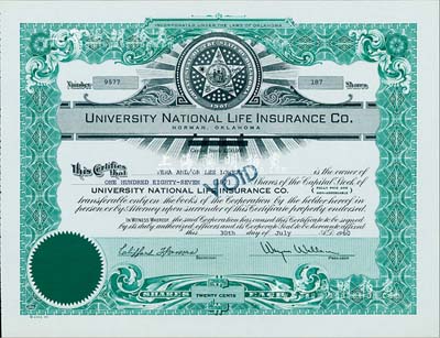 1960年（美国）大学国民人寿保险公司股票，面额187股（每股20美分），该公司成立于1907年，九成新