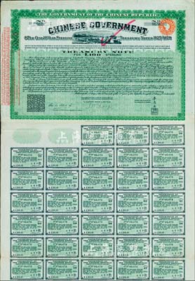 1919年中华民国政府对外发行“中国政府八厘十年期金库券”（即费克斯借款之军火公债）100镑，由北洋政府财政总长李思浩签署，背面印有中文；此债券及债务，后由南京国民政府所继承，故补印之息票均由财政部长孔祥熙签署；海外藏家出品，八成新