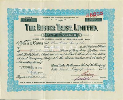 1948年橡胶信托公司(Rubber Trust, Ltd.)股票，面额500股(每股港币2元)，该公司注册于香港，其股票在上海发行；八成新