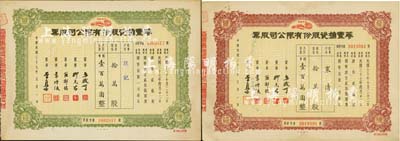 民国三十七年（1948年）华丰搪瓷股份有限公司股票2种，详分：棕色优先股拾万股计国币壹百万圆、绿色普通股拾万股计国币壹百万圆；八成新