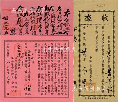 广东教育业老股票3种，详分：1940年（台山）台师员生消费合作社收据，股本国币壹拾伍元；慎存学会股摺(1949年第贰期)、（1950年第三期）各1枚，面额均为港币贰拾元占拾股，由同一股东承购；八成新