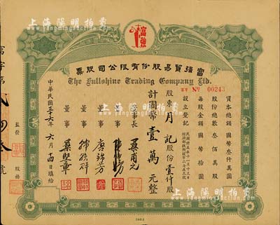 民国三十六年（1947年）富强贸易股份有限公司股票，壹仟股计国币壹万元，少见，八成新