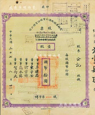 民国三十七年（1948年）商办汉镇既济水电股份有限公司股票，壹股计国币拾圆，票上之董事分别为银行家李馥荪、宋子安（宋子文之弟）、何雪竹、钱永铭和汉口商会会长贺衡夫，附带有完整股息票，少见，八成新