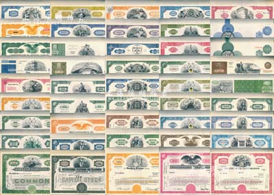 1948至1980年美国老股票一大批（两大箱）共计4500张，数量庞大，内含45种不同，每种各100枚，其题材涉及金融、石油、食品、制造等诸多不同行业，包含国际电话、爱迪生公司、CAN金融等世界著名企业，全部雕刻版印刷，图案精美；源于美国藏家出品，八至九成新，敬请预览