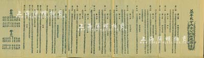 民国早期（山西平遥）“益华股分两合公司招股简章”1份，该公司以磨面纺织为营业，拟招资本5000吊，以每百吊作一大股、每拾吊作一小股；内中印明组织宗旨及定名、地址、股本及息额、收股之期间股票之发给、集股之标准、付息之申明、余利之分配、股息红利之领取、特别股分等14章共20条，内容极为丰富，保存甚佳，敬请预览