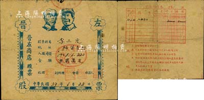 民国37年（1948年）晋左商店股票，面额贰万元，上印毛泽东和朱德双头像，山西解放区老股票，晋左即为山西省左权县；这种印有“毛泽东和朱德双头像”的解放区老股票，存世凤毛麟角，堪称中国老股票之一大珍品；此拍品征集自革命老区，目前为之仅见，或属海内孤品，八成新，敬请珍视