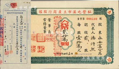 安徽老股票2种，详分：1951年屯溪市土特产运销信托股份有限公司认缴股金临时收据，肆股计人民币肆拾万圆；1954年私营屯溪市土产商行股据，贰股计人民币贰拾万圆；此二种实为同一家公司，八成新