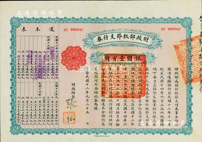 民国十二年（1923年）财政部秋节支付券银圆壹百圆，由北洋政府财政总长张弧签署，九五成新