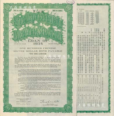 民国二十三年（1934年）上海市市政公债壹百元，正面英文，背面有中文，由上海市市长吴铁城、新丰洋行葛勃生签名，附带有息票；少见，九成新