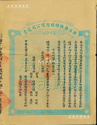 民国元年（1912年）乐溪广兴种植有限公司股票，壹股计银五毫，广东新会老股票之罕见品，边侧有贴补，七成新