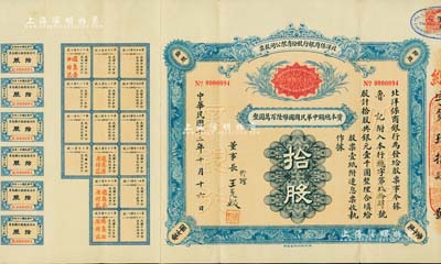 民国十二年（1923年）北洋保商银行股份有限公司股票，拾股计银元壹千圆，由董事长王克敏亲笔签名，背印章程摘要，且附带有息票；此乃中国北方之著名商业银行，历史意义厚重，着实堪称中国银行业老股票之大珍品，亦首度公诸于拍卖，八五成新，值得推重和珍视