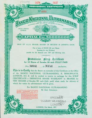 1927年（澳门）大西洋银行股票样张，面额10股计900埃斯库多；此种股票版式前所未见，乃源于英国布拉德伯里·威尔金森印钞公司破产后之档案外流；珍罕品，亦属首度公诸于拍卖，九五成新