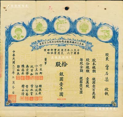 民国贰拾四年（1935年）南京大同机器制造面粉股份有限公司股票，拾股银圆壹千圆，上印五种商标图，颇为美观；该公司由著名实业家卞筱卿、韩永清等所创办，票上董事陈霭士即为辛亥元老陈其美之弟陈其采、吴震修曾任南京中国银行经理、叶扶霄曾任上海大陆银行经理等，可谓名流汇集；少见，七五成新