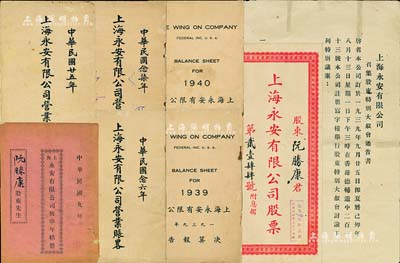 民国时期“上海永安有限公司”史实一宗，详分：1920年《庚申年结册》、1936年《营业账略》、1937年《营业账略》、1938年《营业账略》、1939年《决算报告》、1940年《决算报告》共6册，均内列公司资产及董事会成员等详情；另附1939年“召集股东特别大叙会通告”1张、老股票封套1个；该公司为民国“四大百货公司”之一，历史意义厚重；保存尚佳，敬请预览和重视