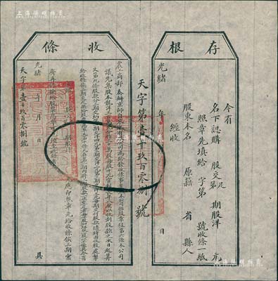 光绪年（1907年）农工商部奏办·京师自来水有限公司股票收条，未填用附带有存根，八五成新