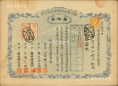 明治廿九年（1896年）株式会社伏见商品取引所（即交易所股票），壹株券金贰拾圆，八五成新