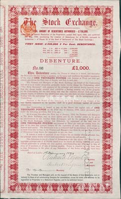 1899年（英国）伦敦证券交易所债券1000英镑，内有水印，罕见，八五成新
