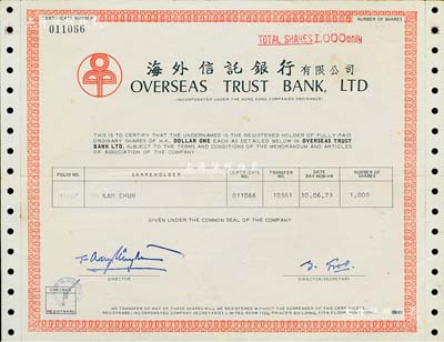 1973年（香港）海外信托银行有限公司股票，面额1000股（每股港币1元），八成新