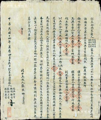 民国十四年（1925年）山西汾阳县“裕庆祥记”合同1份，事为马兴业堂、任顺裕堂、侯余三堂、程德庆堂4人合夥在汾阳县董家庄开设裕庆祥放账生理，合入资本钱7000吊，合作钱股、人股共9俸，上列各股东钱俸、人力之详情，且仅订立4份，此合同为第吉号（即第1号）；此种山西金融业之传统合同式股票，值得重视和研究，保存甚佳，敬请预览
