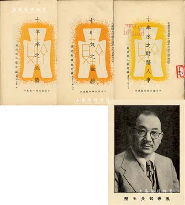 民国三十二年（1943年）财政部公债司编《十年来之公债》、钱币司编《十年来之金融》和人事处编《十年来之财务人事》共3册不同，由中央信托局印制处印行，均属“财政部长孔祥熙就职十周年纪念文辑”，内中对公债、金融、财务人事之描述颇为详尽，尤其债券1册资料较为丰富，值得参考和借鉴；保存极佳，敬请预览