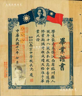 民国十八年（1929年）“中央大学区立南京中学”毕业证书1张，颁给江西临川籍学生张承基氏，上印孙中山像和双旗，由校长沈履（著名心理学家、中国心理学史缔造者之一）签署，七五成新