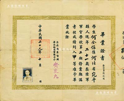 民国二十九年（1940年）“陆军军官学校毕业证书”1张，颁给河北宛平籍学生何全保氏，由治安总署督办、华北绥靖军总司令齐燮元（历任北洋江苏督军、苏皖赣巡阅副使等职，时为汉奸）签署，少见，七五成新
