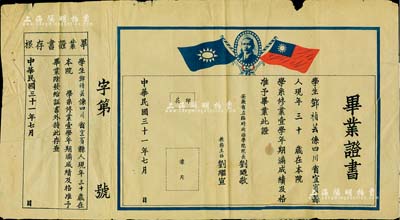民国三十一年（1942年）“安徽省立临时政治学院”毕业证书1张，上印孙中山像和双旗，颁给四川宜宾籍学生邓祯芸氏，由院长刘廼敬（曾任省文教厅副厅长、民盟安徽省委常委和民盟芜湖市委主任委员）等签署，保存尚可，敬请预览