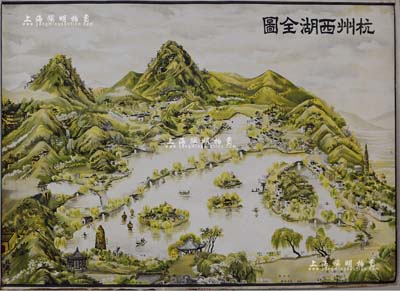 民国时期《杭州西湖全图》彩色地图1张，尺寸740×510mm，由上海四马路陈正泰发行，上对西湖之全景绘制极为详尽，形制美观，左下角由“赵藕生绘”落款（民国吴县籍著名月份牌画家）；少见且保存甚佳，敬请预览