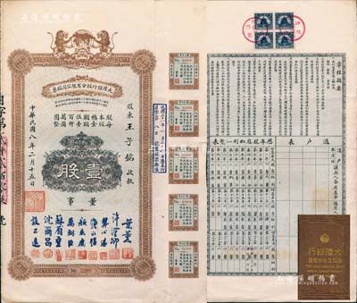 民国八年（1919年）大陆银行股分有限公司股票，壹股计壹仟圆，票上董事为叶薰(该行副总经理、上海分行经理)、许汉卿(中国银行南京分行行长)、龚心湛（北洋财政总长兼代理内阁总理）、钱永铭(曾任财政部次长、交通银行董事长)、颜惠庆(著名外交家，曾任北洋政府总理并摄行大总统)等北洋时代名流，而承购股东则为北洋军政要员王子铭氏(曾任桢威上将军、天津镇守使等职)；该行由著名银行家谈荔孙氏