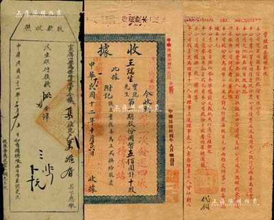 民国十二年（1923年）烟台证券信托股份有限公司股款收据，第一期股份国币伍佰圆计十股，背印章程；少见，八成新（另附：1932年山东民生银行股款收照1枚，由福山县以税收形式摊派给花户蒋维有氏）