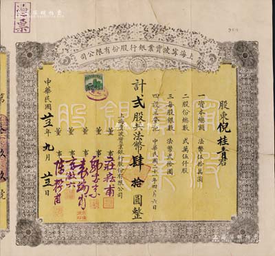 民国廿五年（1936年）上海宁波实业银行股份有限公司股票，贰股计法币肆拾圆，珍罕品，有裂痕且背面已裱，六成新