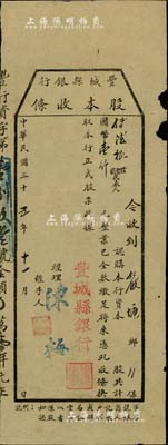 民国三十五年（1946年）丰城县银行股本收条，认购股本国币壹仟元，江西省金融业老股票，少见，七成新