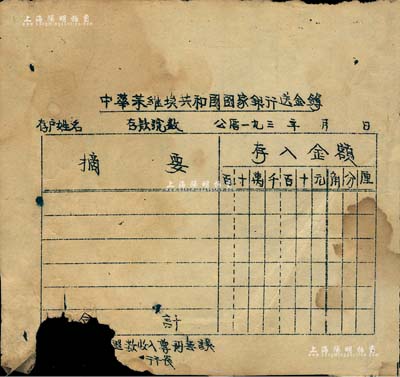 193x年“中华苏维埃共和国国家银行送金簿”1页，空白未填用，此乃中华苏维埃共和国国家银行之历史实物，值得重视；下边有缺损，六成新